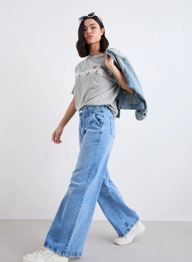 Styli Medium Blue High Rise Wide Leg Jeans with Pleat Yoke Waistband for Women | Best Price UAE