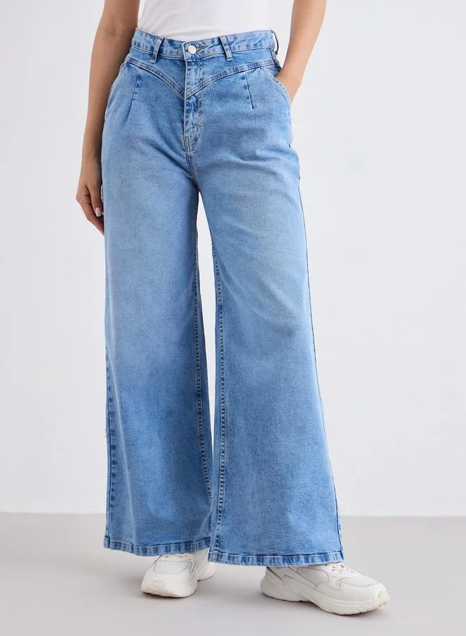 Styli Styli High Rise Wide Leg Jeans with Pleat Yoke Waistband