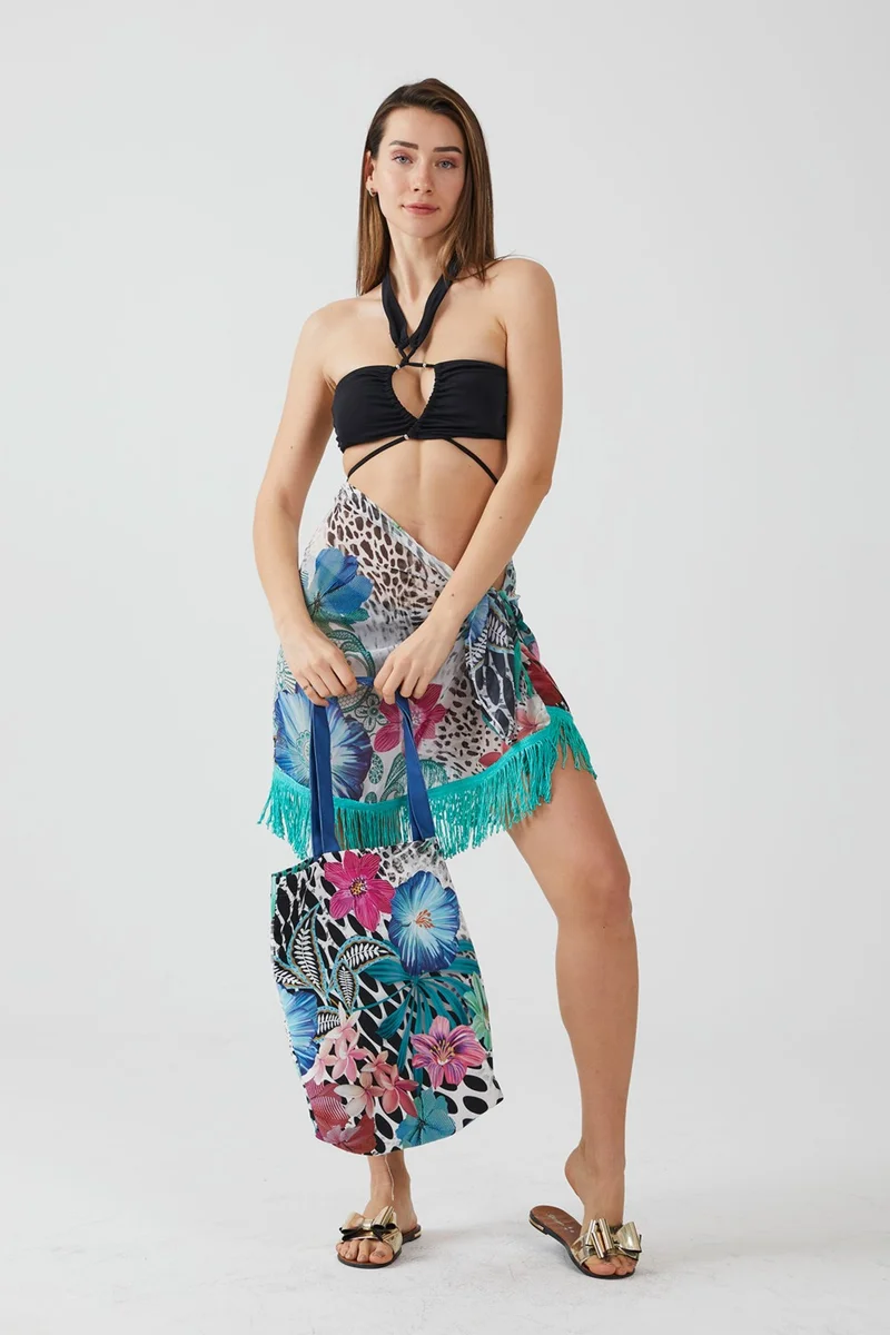 ايس هوم Moda Tropical Floral Tasseled Pareo Beach Dress