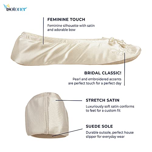 Isotoner Women's Soft Satin Ballerina Slippers with Embroidered Pearl Ballet Flat, Ivory, 5-6 - Image 2