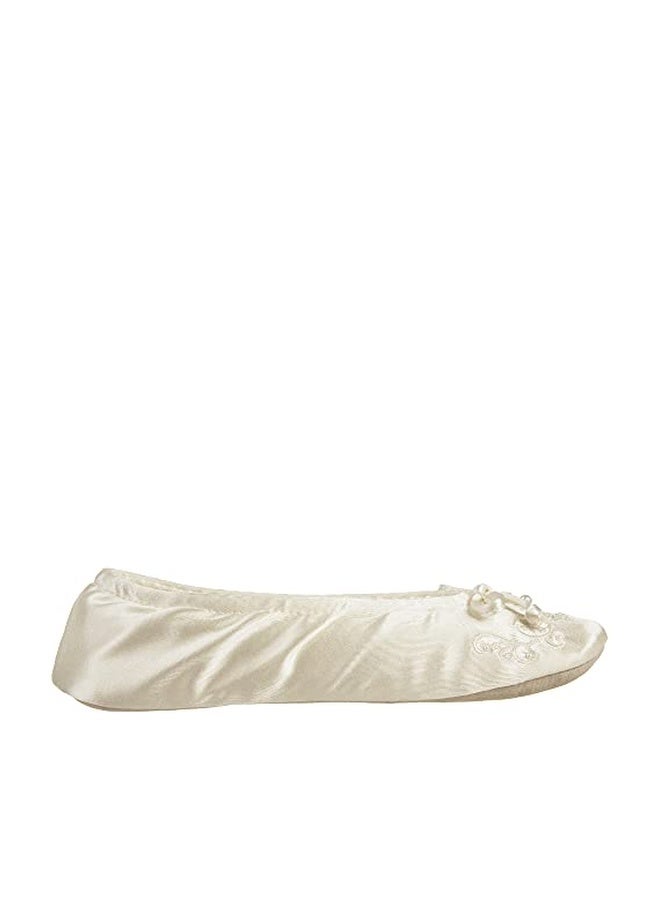 Isotoner Women's Soft Satin Ballerina Slippers with Embroidered Pearl Ballet Flat, Ivory, 5-6 - Image 1