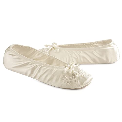 Isotoner Women's Soft Satin Ballerina Slippers with Embroidered Pearl Ballet Flat, Ivory, 5-6 - Image 3
