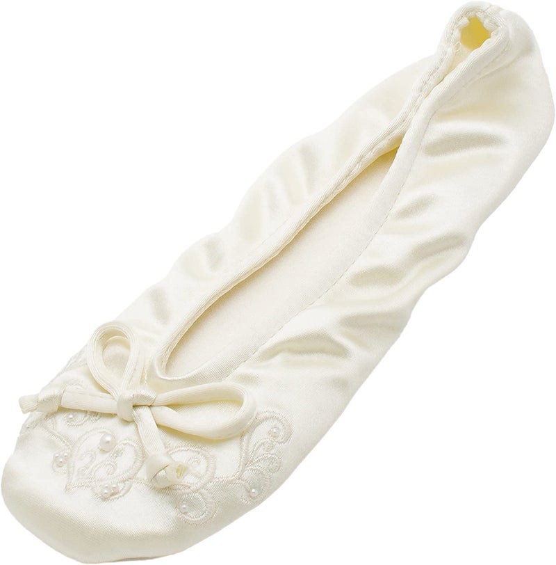 Isotoner Women's Soft Satin Ballerina Slippers with Embroidered Pearl Ballet Flat, Ivory, 5-6 - Image 4