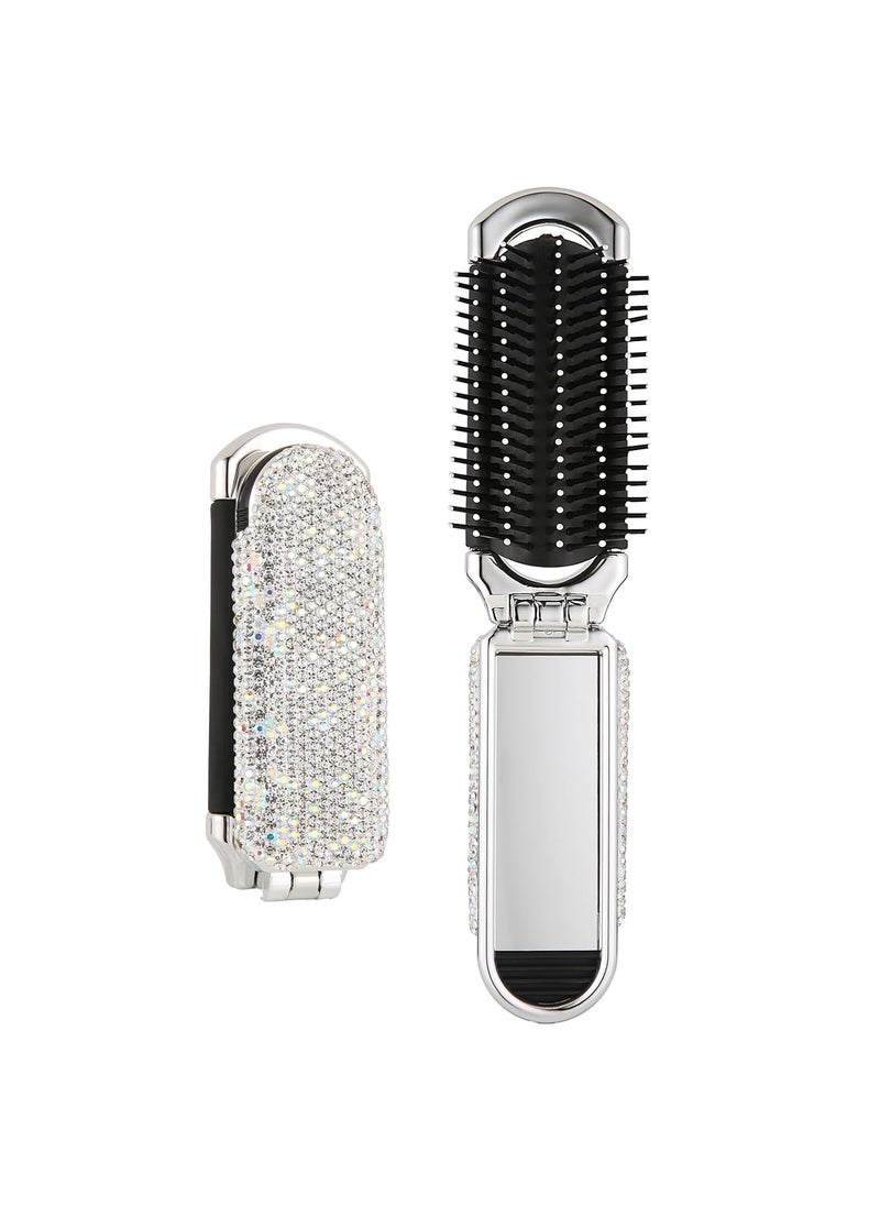 AsAlways - AsAlways Shiny Rhinestone Crystal Travel Hair Brush with Mirror Bling Diamonds Folding Hair Massage Comb Compact Portable Small Mini Hair Brush for Purse Wet  Dry DetanglingSilver - Image 1