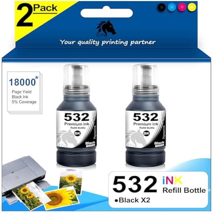 2-PACK 140ML 532 BLACK PIGMENT INK REFILL BOTTLES (T532120-S) ULTRA-HIGH CAPACITY COMPATIBLE REPLACEMENT FOR ET-M1170 ET-M2170 ET-M3170 ST-M1000 ST-M3000 T532 BK XL (2 BLACK) - Image 1