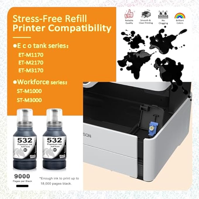 2-PACK 140ML 532 BLACK PIGMENT INK REFILL BOTTLES (T532120-S) ULTRA-HIGH CAPACITY COMPATIBLE REPLACEMENT FOR ET-M1170 ET-M2170 ET-M3170 ST-M1000 ST-M3000 T532 BK XL (2 BLACK) - Image 3