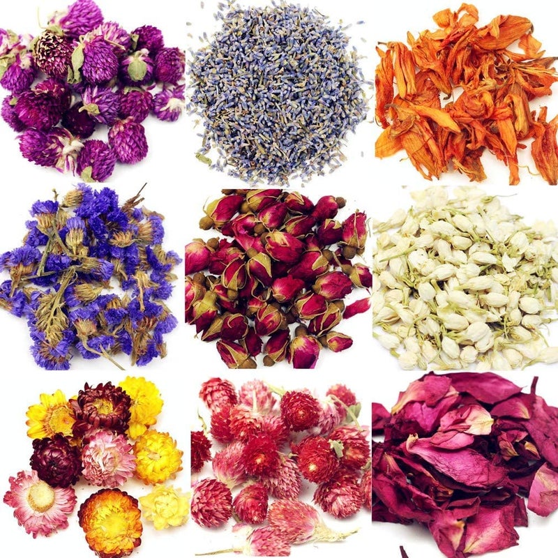 Oameusa 9 Bags Set Dried Flowers Artisan Dried Flower Kit - Candle Making Soap Making DIY Candel Natural Flowers-Lemon,Lavender,Roseleaf,Pink Rose,Red Rose,Jasmine,Rose Petal and More - Image 2