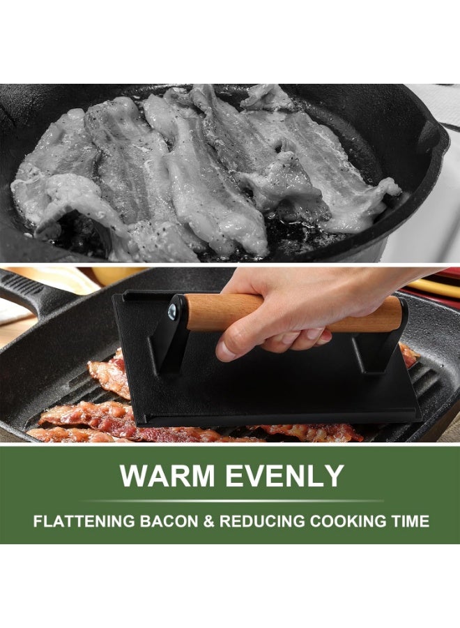 Burger Press, 8.2"X4.3" Rectangle Heavy-Duty Cast Iron Smash Bacon Press Meat Steak with Wood Handle for Griddle, Sandwich, Nonstick Pan - Image 3