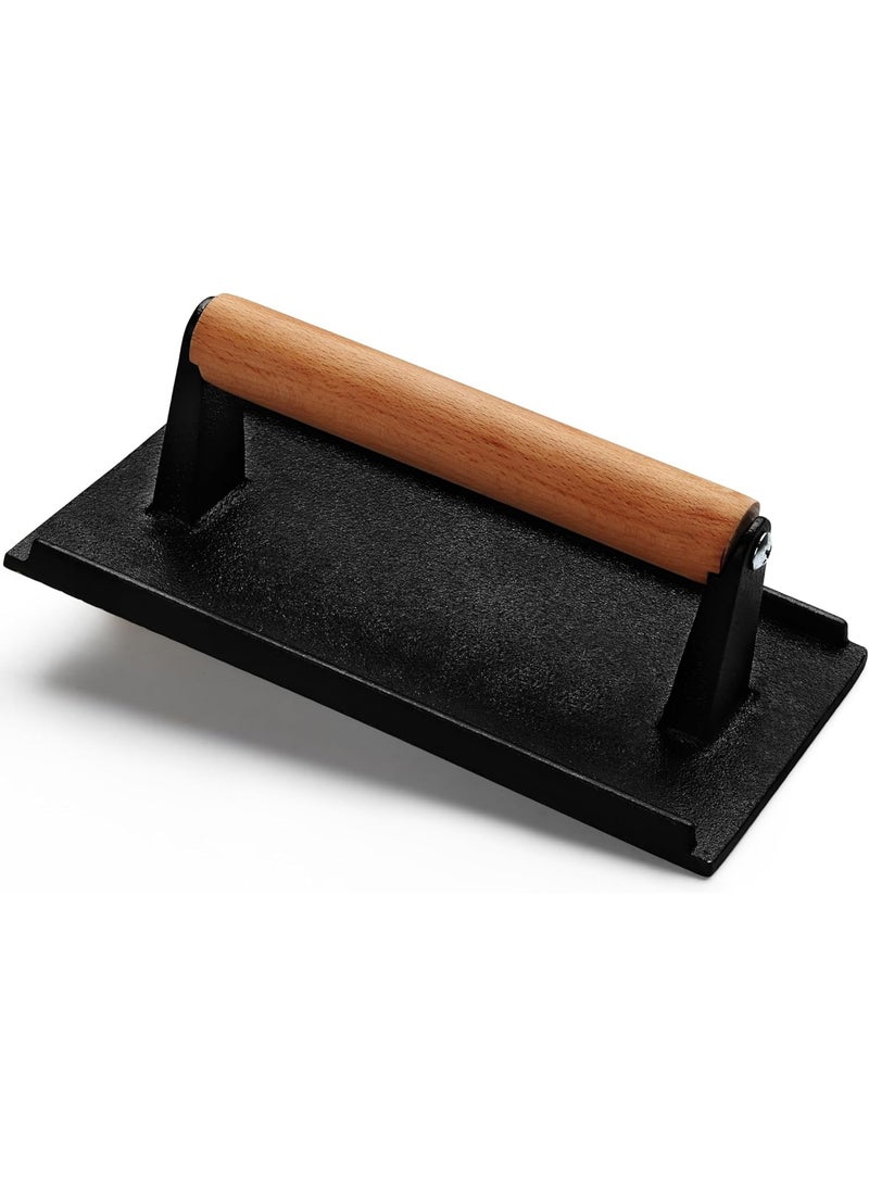 Burger Press, 8.2"X4.3" Rectangle Heavy-Duty Cast Iron Smash Bacon Press Meat Steak with Wood Handle for Griddle, Sandwich, Nonstick Pan - Image 4