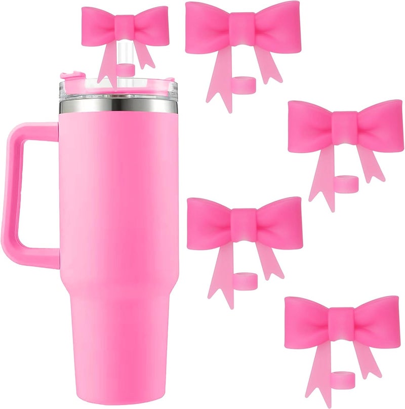 Hpebl 4Pcs Silicone Straw Toppers Covers for Stanley Cups 40/30oz 10mm(0.4in) Dust-Proof Bow Straw Covers Toppers Suitbale for Stanley Cup Accessories Reusable Straws Caps (Rose Red) - Image 1