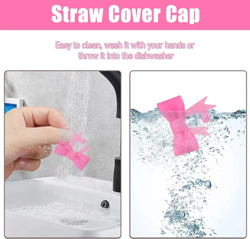 Hpebl 4Pcs Silicone Straw Toppers Covers for Stanley Cups 40/30oz 10mm(0.4in) Dust-Proof Bow Straw Covers Toppers Suitbale for Stanley Cup Accessories Reusable Straws Caps (Rose Red) - Image 3
