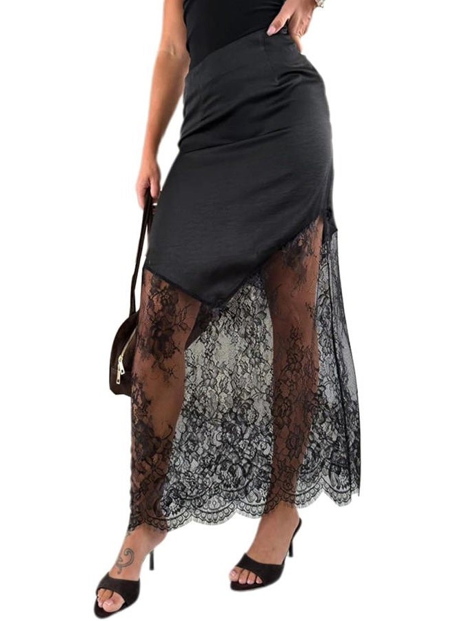 Pinclodly Satin Skirts for Women High Waist Lace Skirts Y2K Elegant Lace Patchwork Skirt Solid Silk Wrap Maxi Skirts 2026, Black Satin Skirt, XS - Image 2