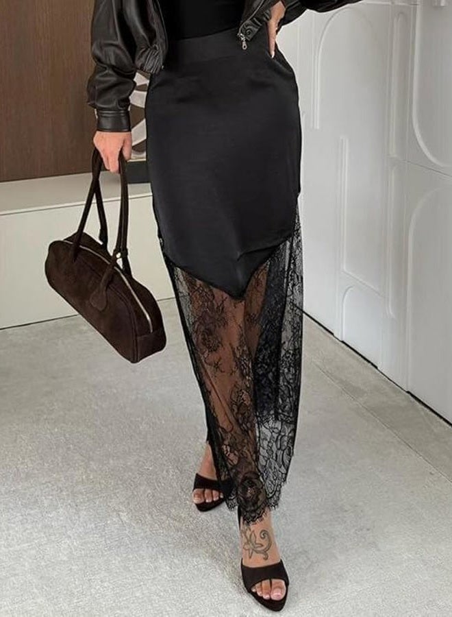Pinclodly Satin Skirts for Women High Waist Lace Skirts Y2K Elegant Lace Patchwork Skirt Solid Silk Wrap Maxi Skirts 2026, Black Satin Skirt, XS - Image 3