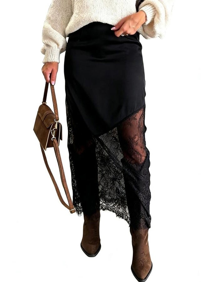 Pinclodly Satin Skirts for Women High Waist Lace Skirts Y2K Elegant Lace Patchwork Skirt Solid Silk Wrap Maxi Skirts 2026, Black Satin Skirt, XS - Image 1