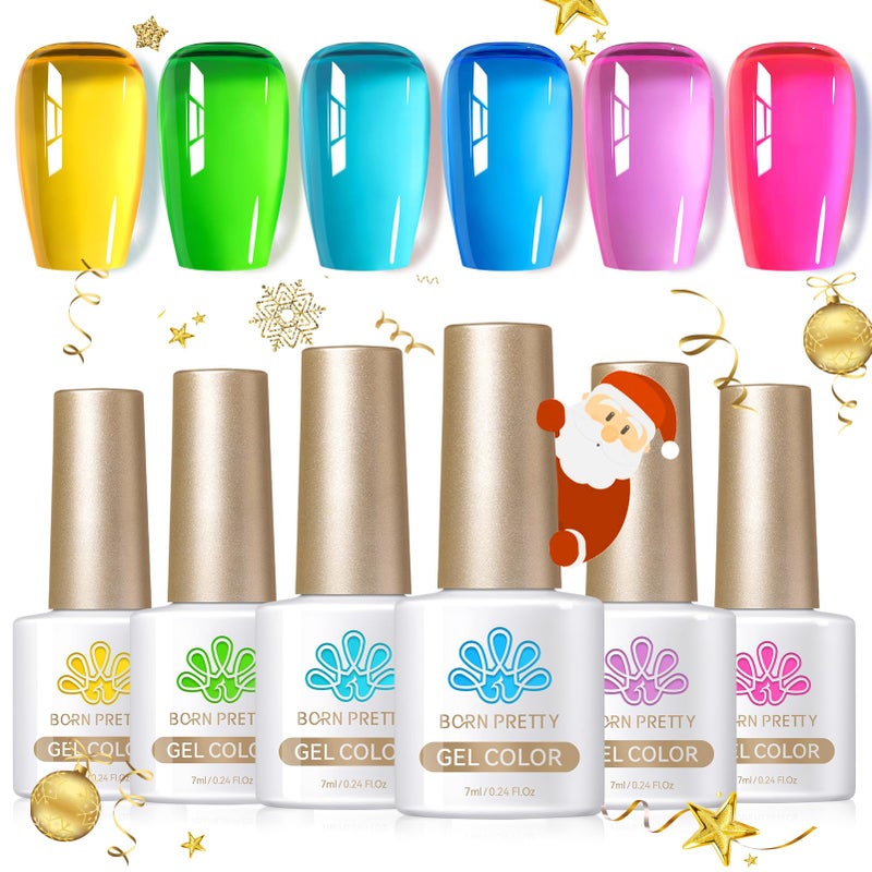 Born Pretty Jelly Gel Nail Polish Christmas Neon Gel Polish,Hot Pink Purple Blue Green Yellow 6Colors Translucent Effect,Soak Off U v LED Light Cure Nail Art Kit for Salon Manicure and DIY at Home - Image 1