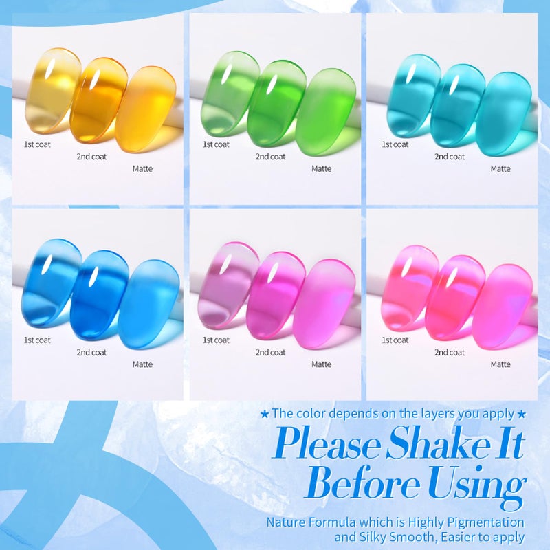 Born Pretty Jelly Gel Nail Polish Christmas Neon Gel Polish,Hot Pink Purple Blue Green Yellow 6Colors Translucent Effect,Soak Off U v LED Light Cure Nail Art Kit for Salon Manicure and DIY at Home - Image 3