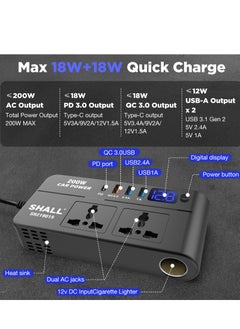 SHALL 200W Car Power Inverter, DC 12/24V to 220V AC Car Inverter,3 USB 1 Type-C Ports Charger Adapter Car Plug Converter with Switch and Current LED Screen  - Image 2