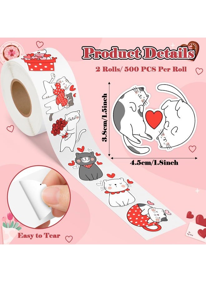 A1diee Valentine Cartoon Cat Stickers - Cat Heart I Love You Decal Cartoon Animal Sweet Love Red Heart Stickers for Kids Envelopes Water Bottle Postcards Scrapbooking Greeting Cards, 1000Pcs 2 Rolls - Image 2