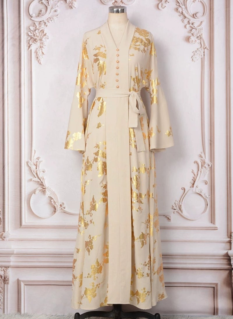 Loquat Womens V-Neck Flare Sleeve Bronzing Printing Muslim Abaya Evening Dress Loose Fit Dress Arabian Maxi Robe Beige  - Image 1