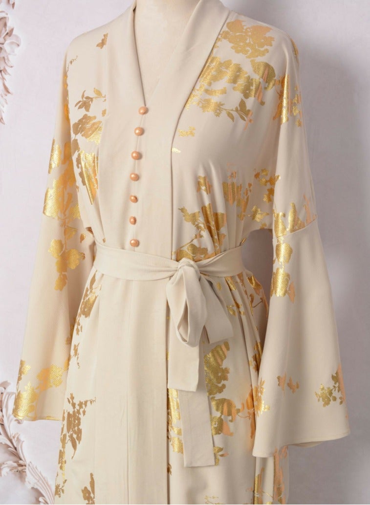 Loquat Womens V-Neck Flare Sleeve Bronzing Printing Muslim Abaya Evening Dress Loose Fit Dress Arabian Maxi Robe Beige  - Image 2