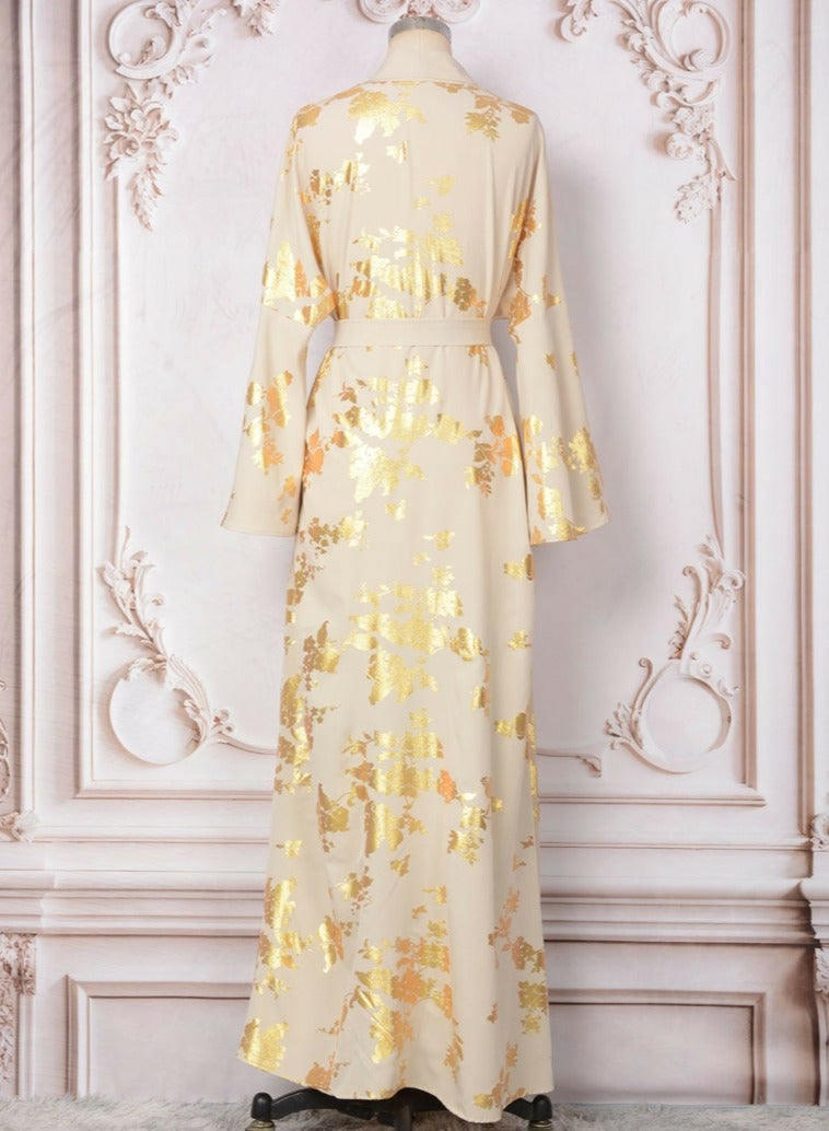 Loquat Womens V-Neck Flare Sleeve Bronzing Printing Muslim Abaya Evening Dress Loose Fit Dress Arabian Maxi Robe Beige  - Image 4