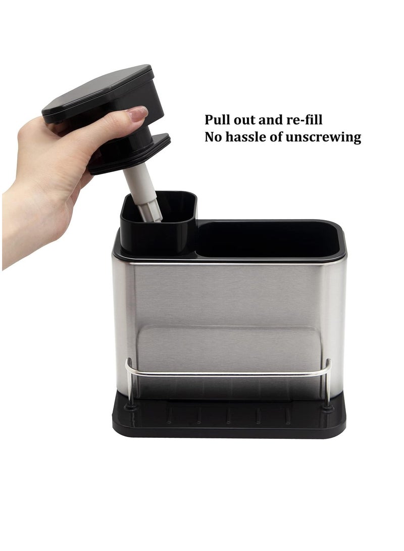 Dish Soap Dispenser for Kitchen Sink, 3 in 1 Sponge Holder for Kitchen Sink Holder, Stainless Steel Kitchen Sink Organizer with Sponge Holder, Liquid Soap Dispenser with Removable Leakproof Tray - Image 3