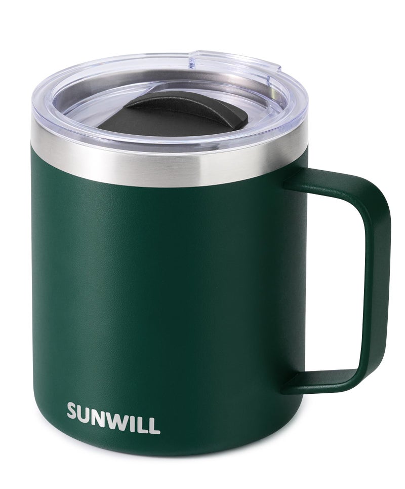 SUNWILL Travel Coffee Mug with Lid, Insulated Cup with Handle, 14 oz Stainless Steel Tumbler for Camping, Office, Outdoor, Powder Coated Forest Green - Image 1