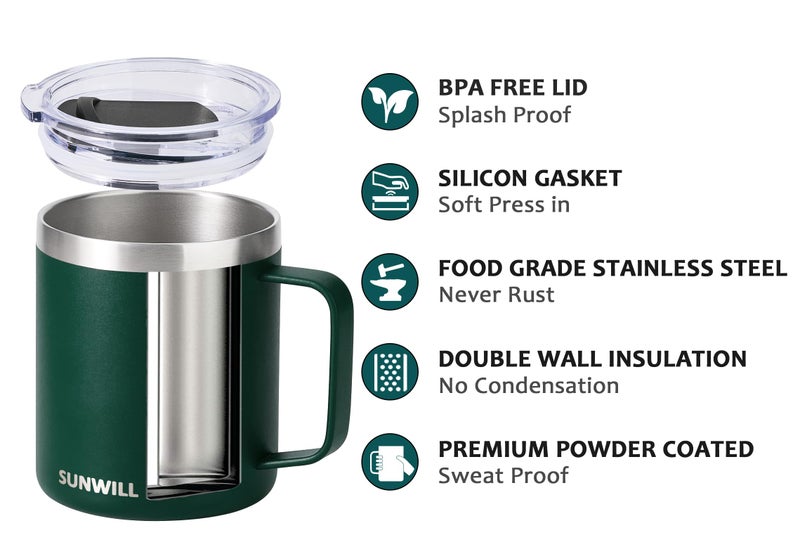 SUNWILL Travel Coffee Mug with Lid, Insulated Cup with Handle, 14 oz Stainless Steel Tumbler for Camping, Office, Outdoor, Powder Coated Forest Green - Image 2