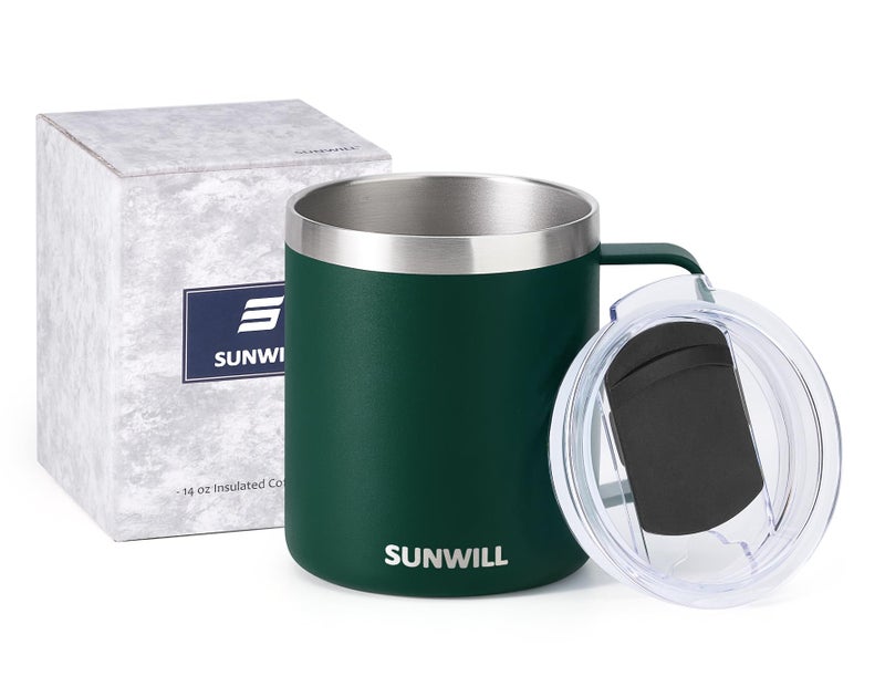 SUNWILL Travel Coffee Mug with Lid, Insulated Cup with Handle, 14 oz Stainless Steel Tumbler for Camping, Office, Outdoor, Powder Coated Forest Green - Image 5