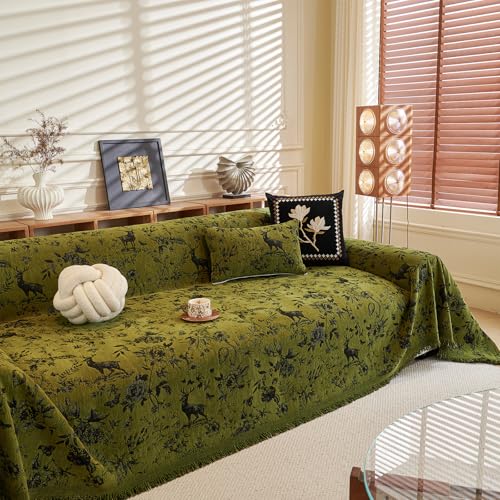 DREAMINGO Green Vintage Couch Cover Botanical Deer Jacquard Sofa Covers for 3 Cushion Couch Washable Chenille Furniture Protector Throw Slipcovers for 3 Seat Sectional Sofa, X-Large 71"x134" - Image 2