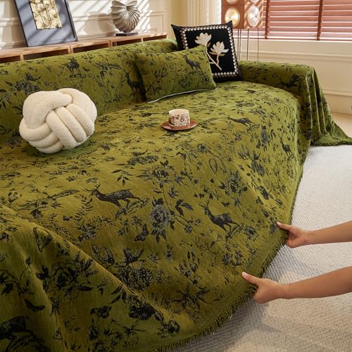 DREAMINGO Green Vintage Couch Cover Botanical Deer Jacquard Sofa Covers for 3 Cushion Couch Washable Chenille Furniture Protector Throw Slipcovers for 3 Seat Sectional Sofa, X-Large 71"x134" - Image 5