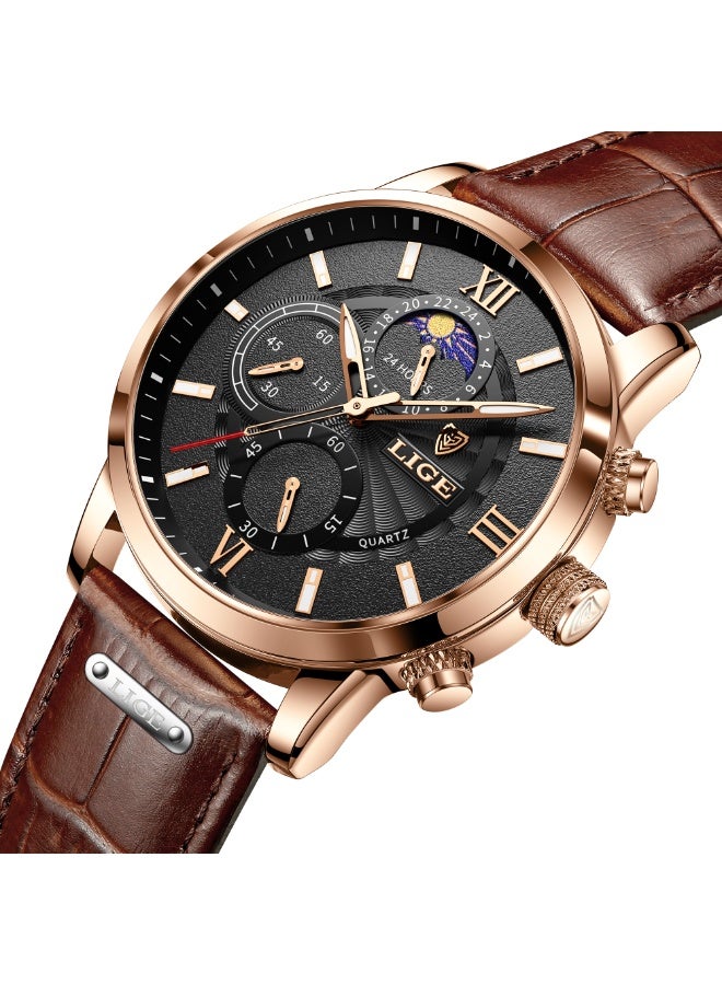 لييج ساعة رجالية أنيقة ومتطورة، مقاومة للماء، مع شاشة عرض تاريخ الكوارتز، وحزام جلدي كاجوال، ومينا باللونين الذهبي الوردي والأسود. - Image 2