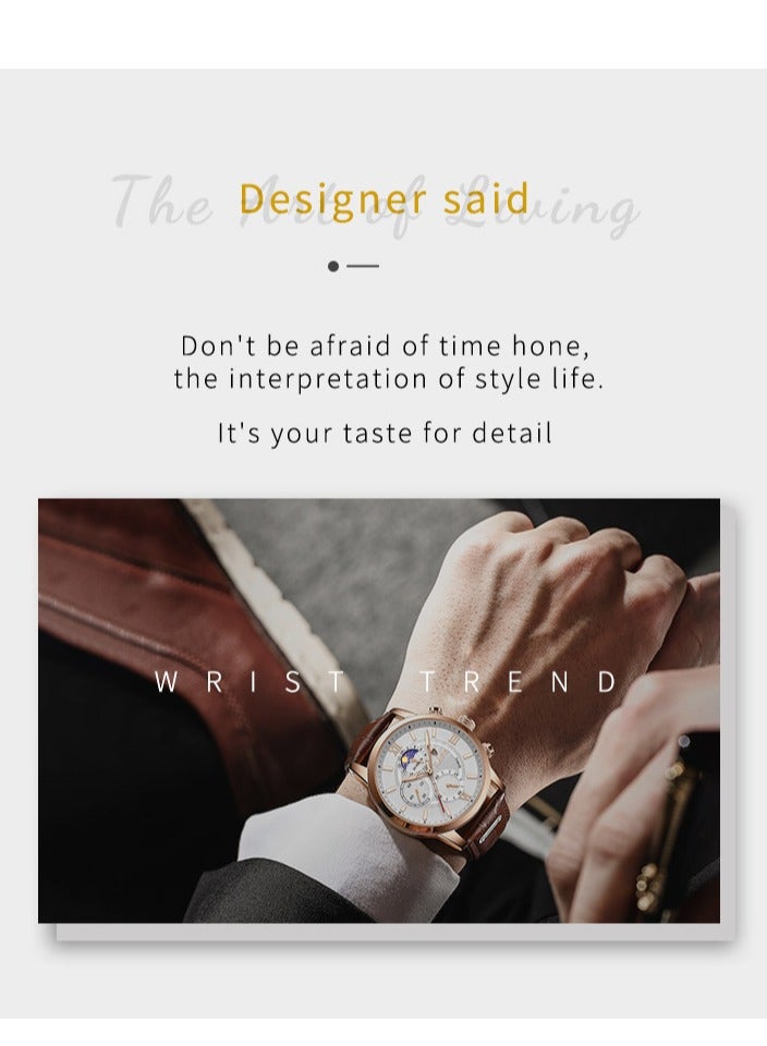 لييج ساعة رجالية أنيقة ومتطورة، مقاومة للماء، مع شاشة عرض تاريخ الكوارتز، وحزام جلدي كاجوال، ومينا باللونين الذهبي الوردي والأسود. - Image 5