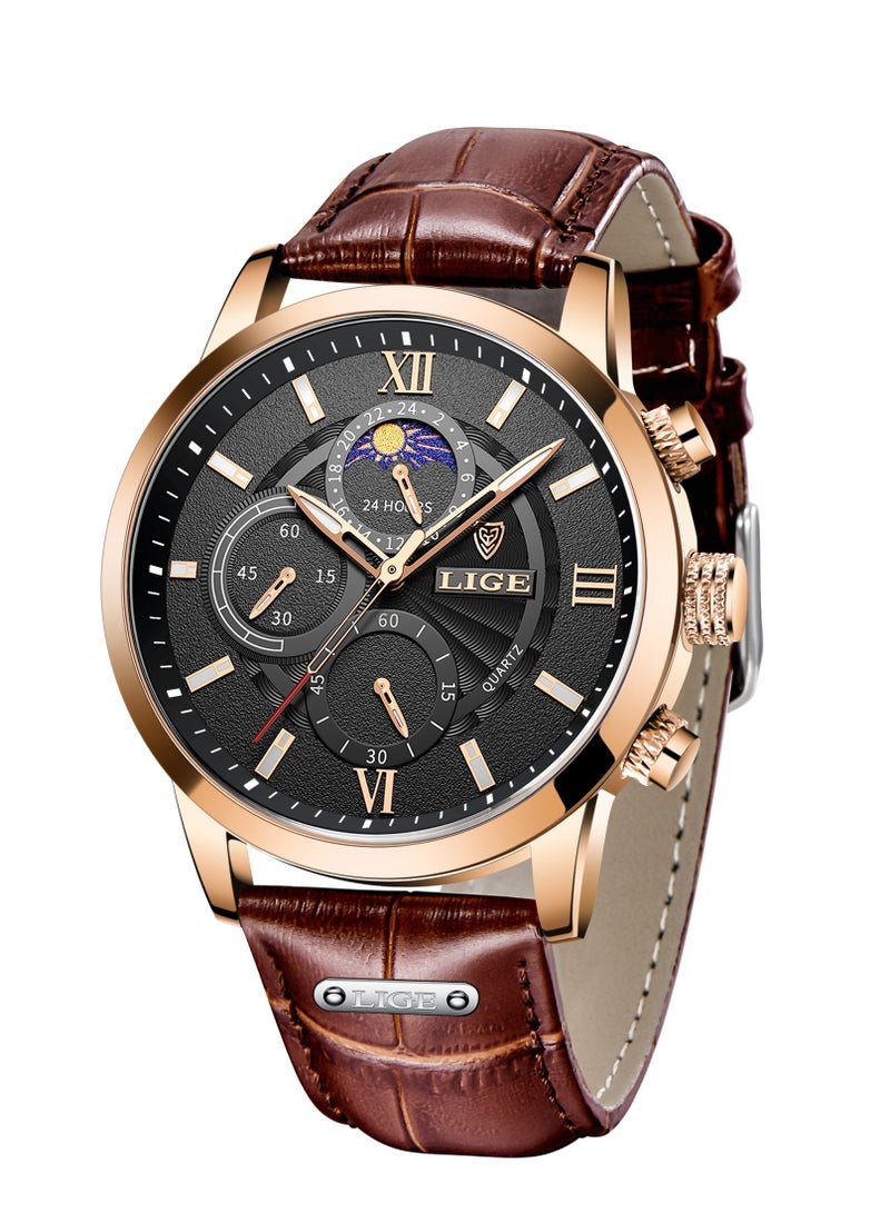 لييج ساعة رجالية أنيقة ومتطورة، مقاومة للماء، مع شاشة عرض تاريخ الكوارتز، وحزام جلدي كاجوال، ومينا باللونين الذهبي الوردي والأسود. - Image 1