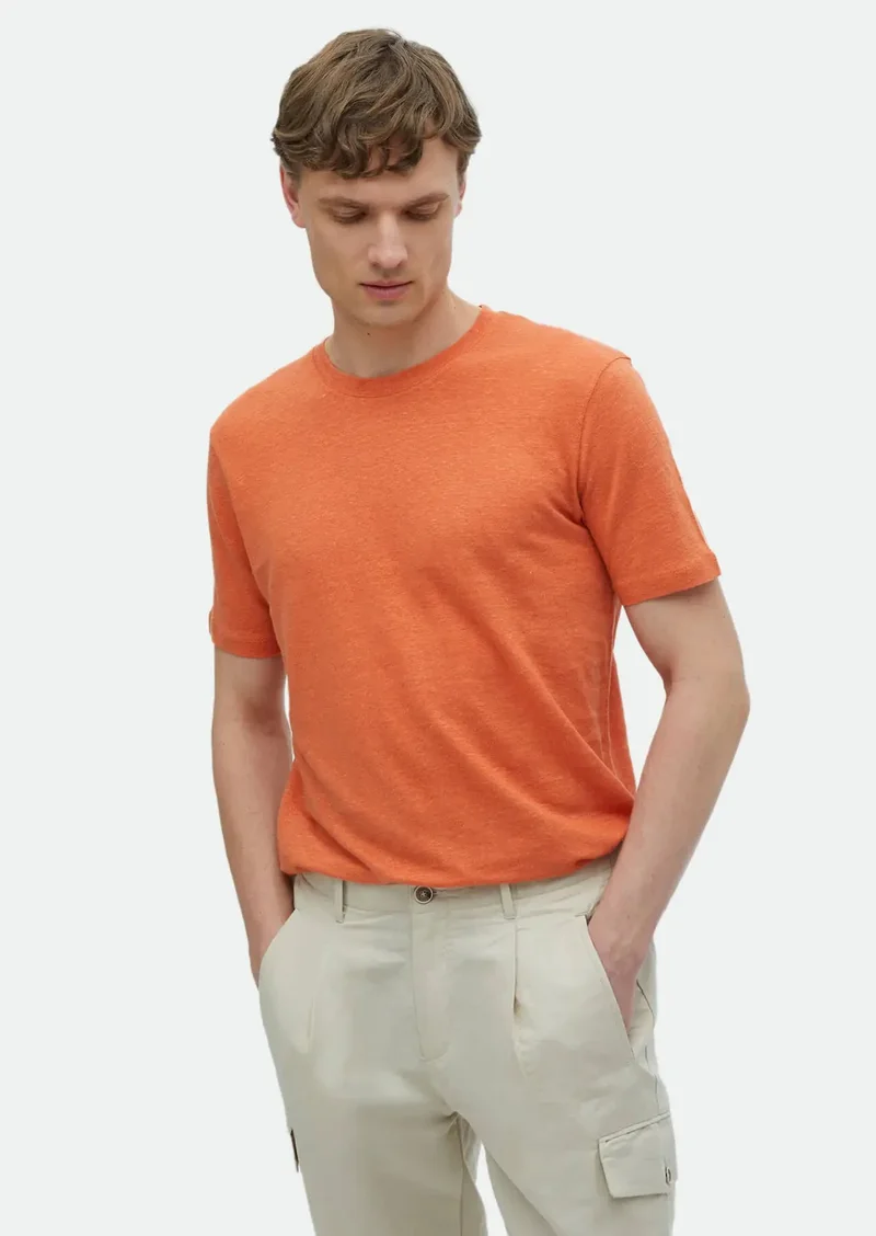 RAMSEY Orange Plain Crew Neck 100% Linen T-Shirt