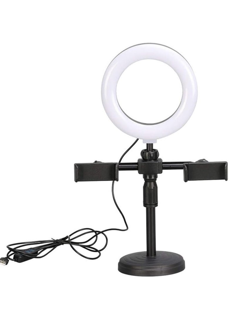 LED Ring Light Dimmable LED Desktop Fill Light 3 Colors Modes with 2/3 Phone Holders Curved Lampshade Design Eye Protection Without Glare for Live Stream Makeup (Color : A) - Image 1