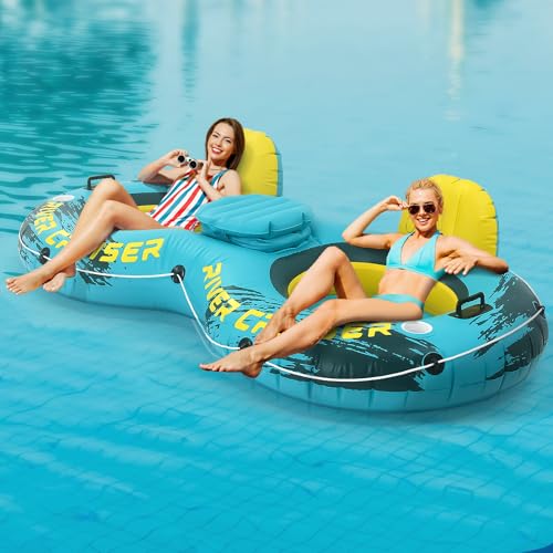 Sunrio 2025 New Upgrade 2 Person Double River Tubes for Floating Heavy Duty Inflatable Floating Lounger Premium Water Rafts Pool Float Above Lake and River for Adults GreenYellow - Image 1