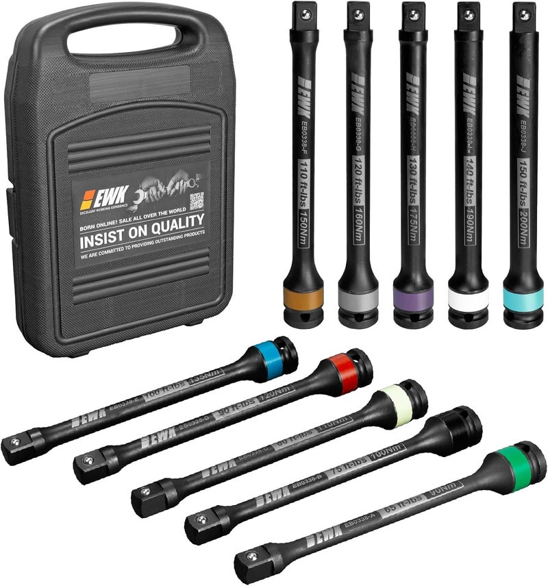 EWK 10 Pcs 1/2" Impact Torque Limiting Extension Stick Set, 65-150 Ft-lbs (90-200 Nm) - Image 1