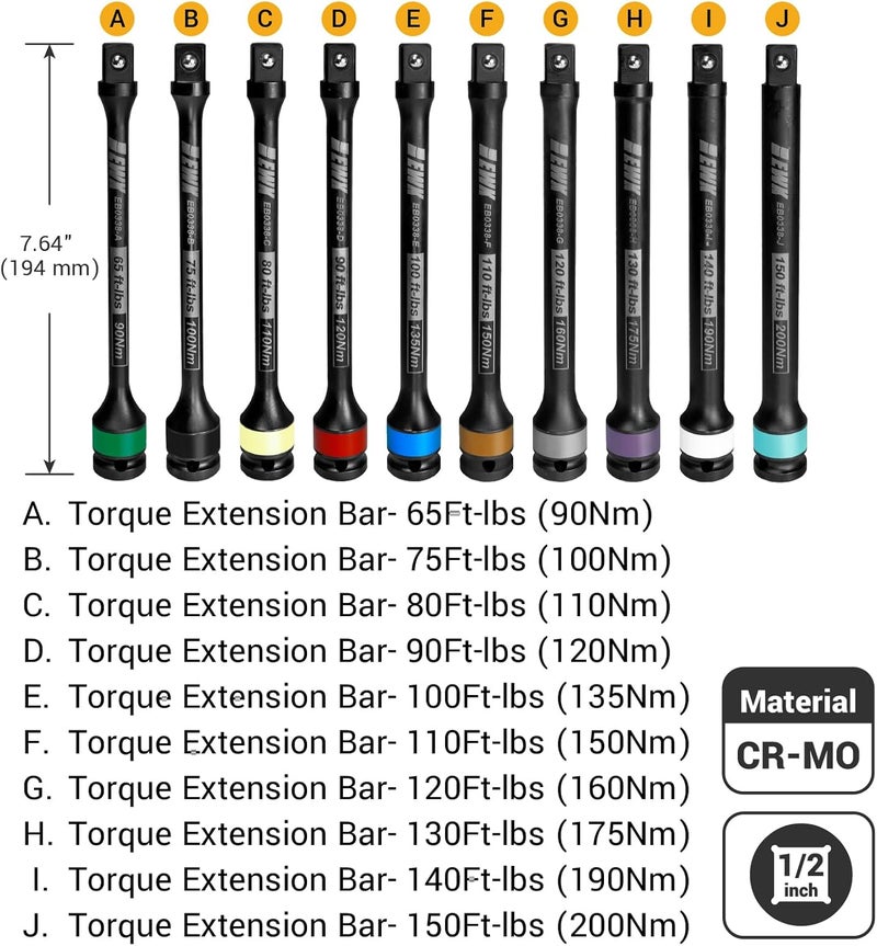 EWK 10 Pcs 1/2" Impact Torque Limiting Extension Stick Set, 65-150 Ft-lbs (90-200 Nm) - Image 2
