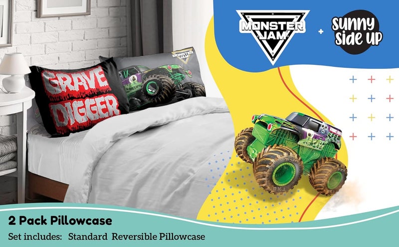 Sunny Side Up Monster Jam Grave Digger 2 Pack Reversible Pillowcases - Double Sided Pillow Covers, Kids Super Soft Trucks Bedding - Image 2