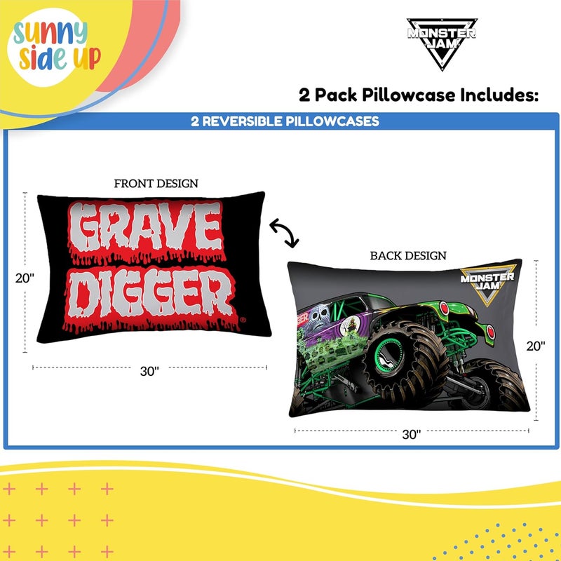 Sunny Side Up Monster Jam Grave Digger 2 Pack Reversible Pillowcases - Double Sided Pillow Covers, Kids Super Soft Trucks Bedding - Image 3