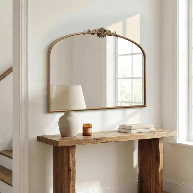 Besdomus Vintage Arched Gold Mirror: 40"x29" Large Matt Gold Antique Wall Mounted Mirror - Baroque Traditional Ornate for Entryway/Fireplace/Bathroom/Hallway - Home Decor for Fashion Women - Image 3