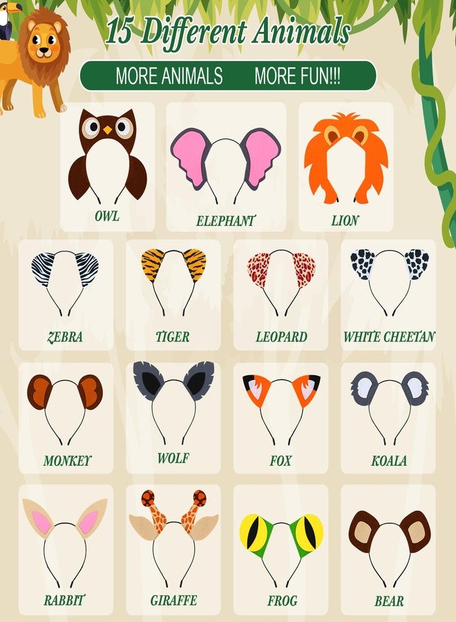 Kigeli 30 Pcs Jungle Animal Safari Ears Headbands for Hair Hoops Photo Booth Props One Birthday Halloween Favors(Animals) - Image 3