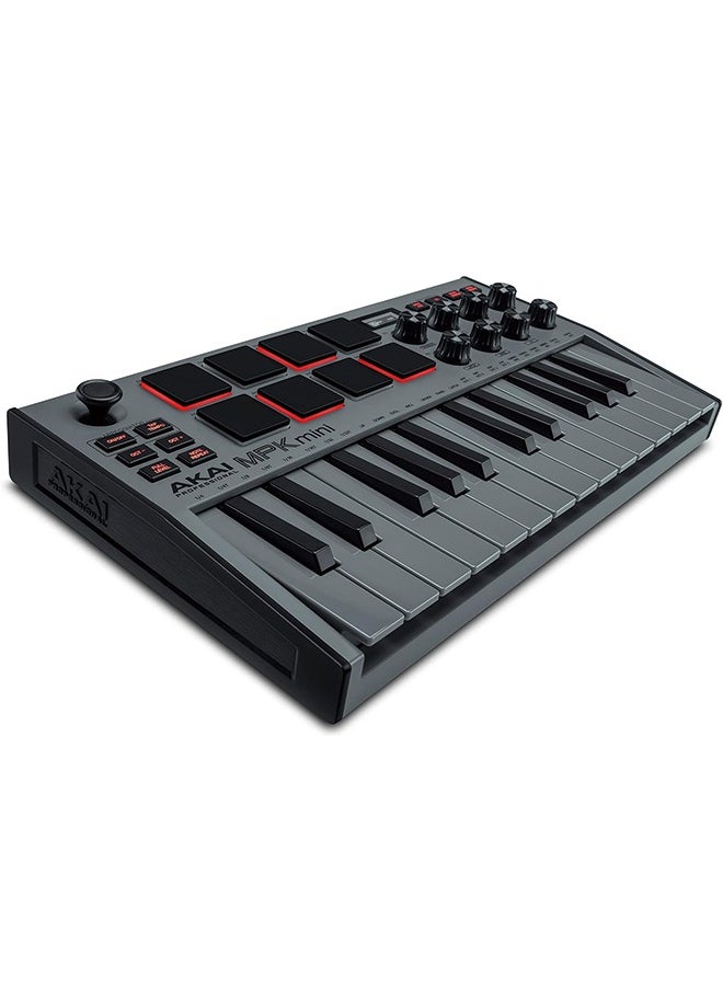 اكاي بروفيشنال AKAI Professional MPK Mini MK3 - وحدة تحكم بلوحة مفاتيح USB MIDI مكونة من 25 مفتاحًا مع 8 منصات طبلة بإضاءة خلفية، و8 مقابض وبرامج إنتاج الموسيقى، رمادي  - Image 1