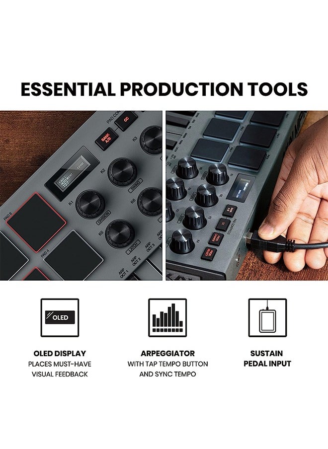 اكاي بروفيشنال AKAI Professional MPK Mini MK3 - وحدة تحكم بلوحة مفاتيح USB MIDI مكونة من 25 مفتاحًا مع 8 منصات طبلة بإضاءة خلفية، و8 مقابض وبرامج إنتاج الموسيقى، رمادي  - Image 4