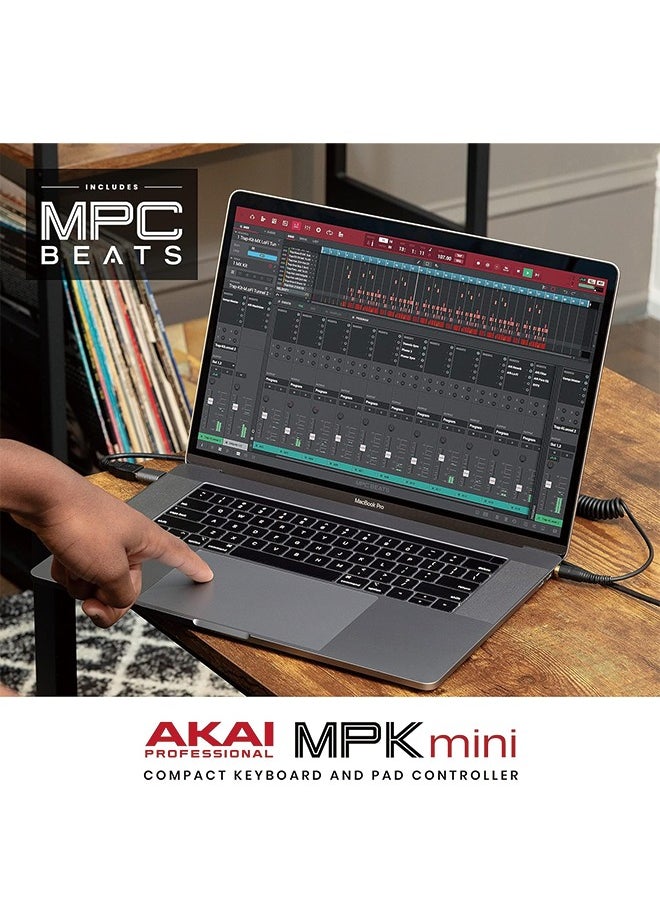 اكاي بروفيشنال - AKAI Professional MPK Mini MK3 - وحدة تحكم بلوحة مفاتيح USB MIDI مكونة من 25 مفتاحًا مع 8 منصات طبلة بإضاءة خلفية، و8 مقابض وبرامج إنتاج الموسيقى، رمادي - Image 1