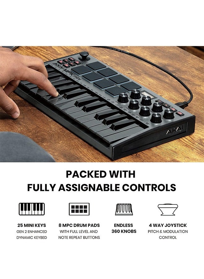 اكاي بروفيشنال AKAI Professional MPK Mini MK3 - وحدة تحكم بلوحة مفاتيح USB MIDI مكونة من 25 مفتاحًا مع 8 منصات طبلة بإضاءة خلفية، و8 مقابض وبرامج إنتاج الموسيقى، رمادي  - Image 3