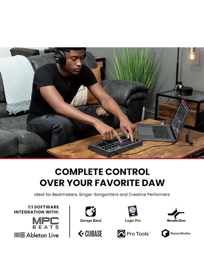 اكاي بروفيشنال AKAI Professional MPK Mini MK3 - وحدة تحكم بلوحة مفاتيح USB MIDI مكونة من 25 مفتاحًا مع 8 منصات طبلة بإضاءة خلفية، و8 مقابض وبرامج إنتاج الموسيقى، رمادي  - Image 2