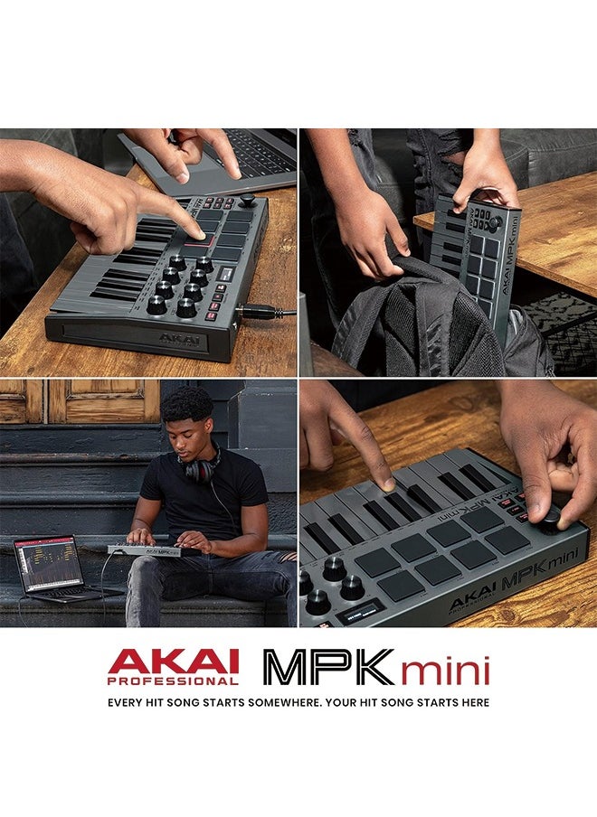 اكاي بروفيشنال - AKAI Professional MPK Mini MK3 - وحدة تحكم بلوحة مفاتيح USB MIDI مكونة من 25 مفتاحًا مع 8 منصات طبلة بإضاءة خلفية، و8 مقابض وبرامج إنتاج الموسيقى، رمادي - Image 1