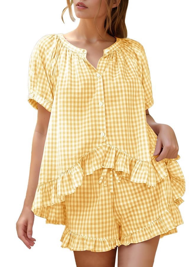 Flygo Womens Gingham Pajamas Set 2 Piece Cotton Pj Lounge Sets Puff Sleeve Ruffle Babydoll Shirt Shorts Summer Outfits, Yellow, XL - Image 1